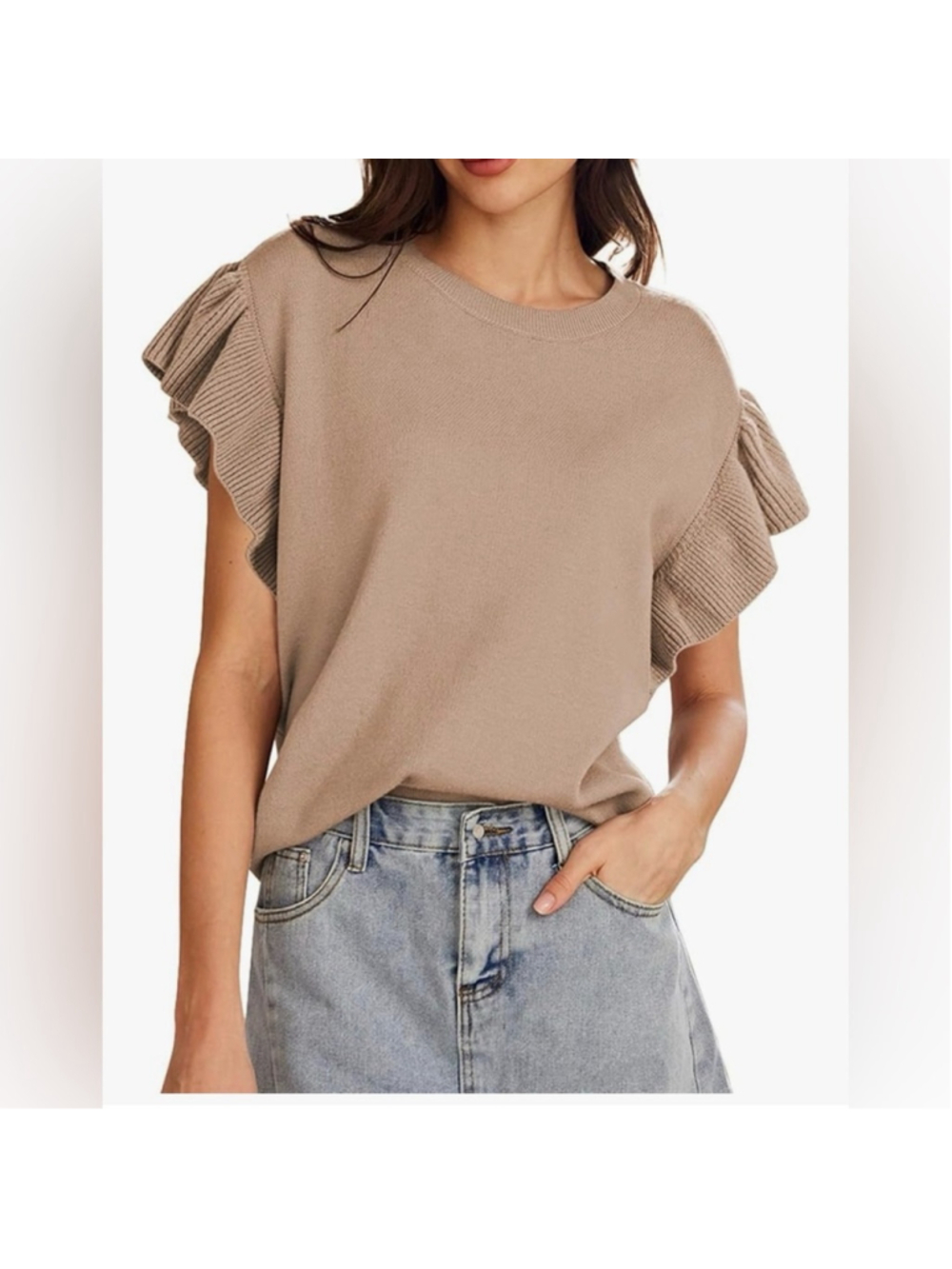 NEW Pink Queen Crew Neck Ruffle Edge Sleeves Knit Pullover Sweater Top S